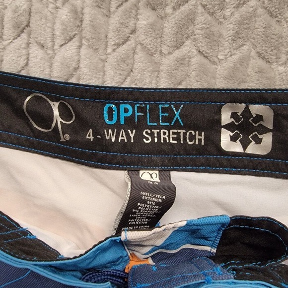 OP OPFlex Board Shorts Mens Size 34 White Blue Trim Ocean Pacific Geometric - Picture 2 of 9
